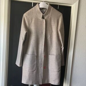 Minimal Collarless Light Taupe Wool-Blend Coat with Patch Pockets